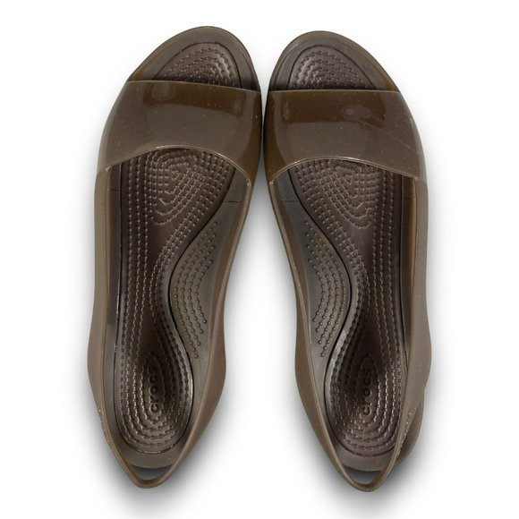 Crocs ColorBlock Slingback Flats 200032 Croslite Slip On Peep Toe Brown Women 7 - Picture 7 of 10